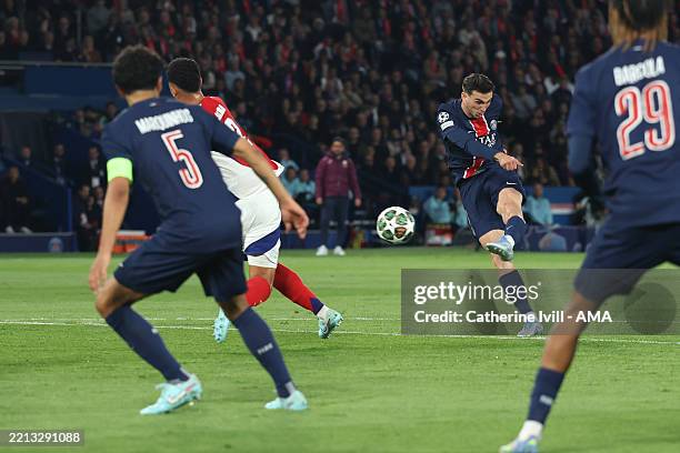 Fabian Ruiz of Paris Saint Germain scores a goal to make it 1-0 during the UEFA Champions League 2024/25 Semi Final Second Leg match between Paris...