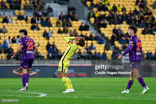 Hideki Ishige of the Phoenix reacts during the round 29 A-League Men match between Wellington Phoenix and Perth Glory at Sky Stadium, on May 04 in...