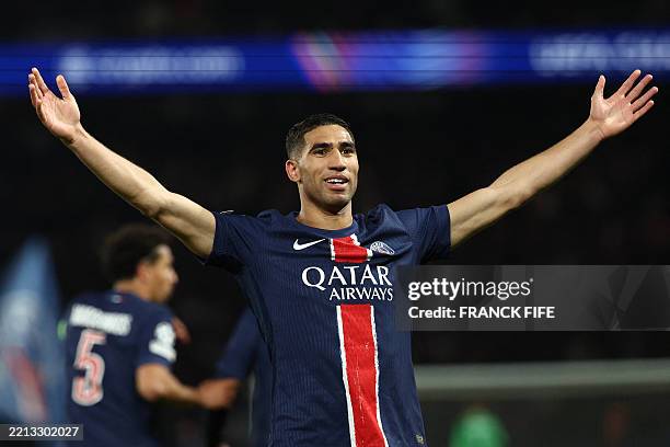 Paris Saint-Germain's Moroccan defender Achraf Hakimi celebrates after scoring a goal during the UEFA Champions League semi-final second leg football...