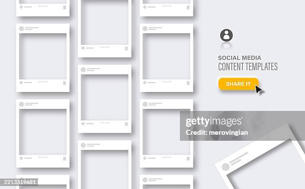 stockillustraties, clipart, cartoons en iconen met social media interface design elements. gray background. picture frames social media post - facebook