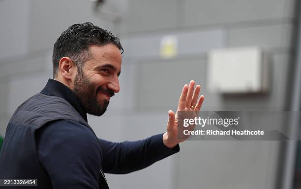 Ruben Amorim, Manager of Manchester United, acknowledges the fans as he arrives at the stadium prior to the Premier League match between Brentford FC...
