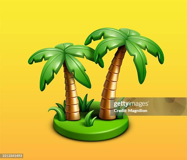 two tropical palm trees with glossy green leaves and brown segmented trunks on a grassy platform - beach clean stock illustrations