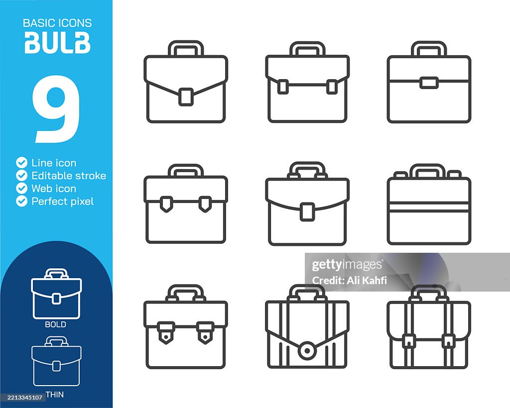 Briefcase thin line icons collection. Editable stroke. Vector illustration. Basic icon for website design, logo, app, template, ui, infographic etc
