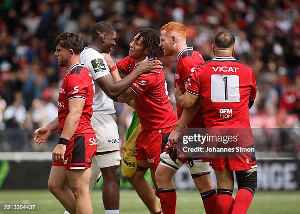 Yanis Charcosset of Lyon, Junior Kpoku of Strasbourg. Mickael Guillard, Killian Geraci and Hanza Kaabechi of Lyon afterthe EPCR Challenge Cup...