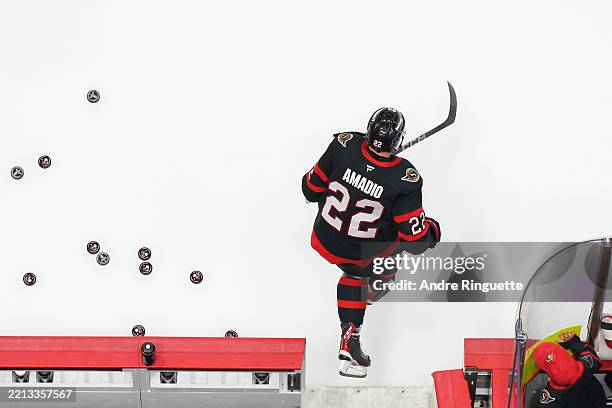 Michael Amadio of the Ottawa Senators warms up prior to an NHL game against the Toronto Maple Leafs in Game Six of the First Round of the 2025...
