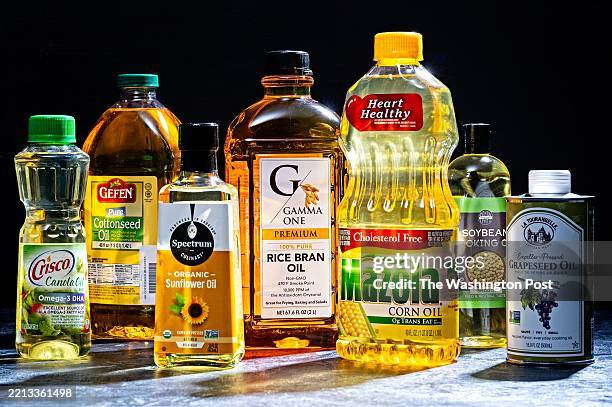 Various seed oils, including canola, corn, cottonseed, grapeseed, soy, rice bran, sunflower, photographed for Food in Washington, DC on May 5, 2025.