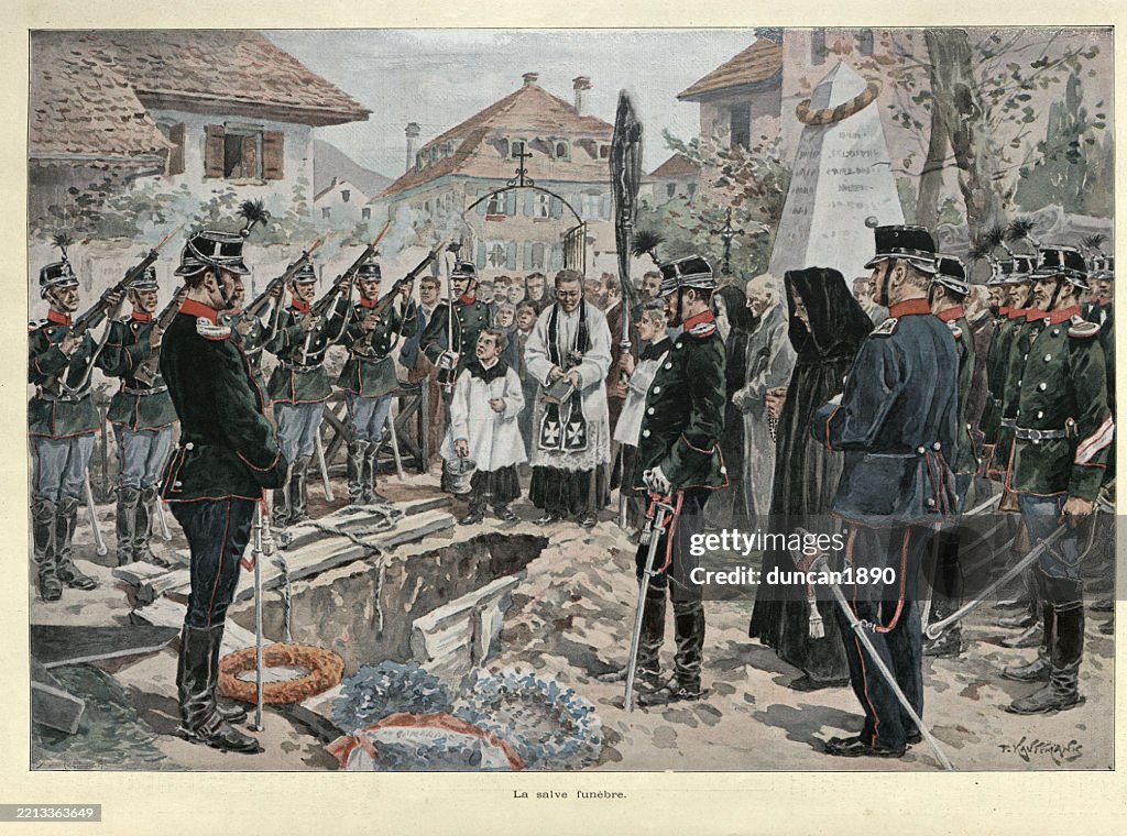 Swiss Army, Soldiers firing a salute at a military funeral, history, Switzerland, Vintage illustration, 19th Century