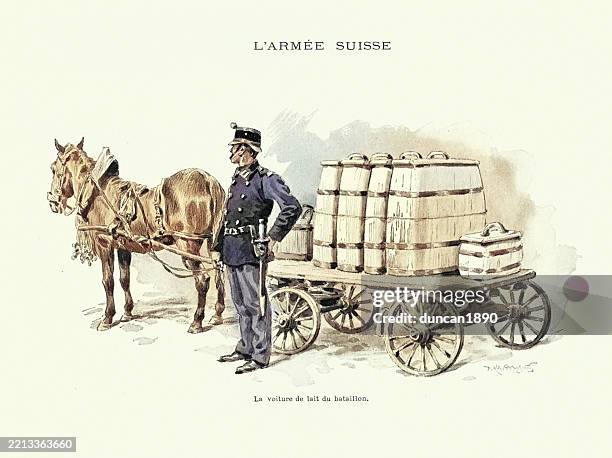 swiss army, soldier guarding the battalions milk supplies, military history, switzerland, vintage illustration, 19th century - milk truck stock illustrations