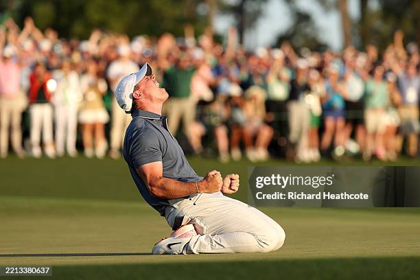 Rory McIlroy of Northern Ireland celebrates winning the 2025 Masters Tournament after the playoff hole on the 18th green during the final round of...
