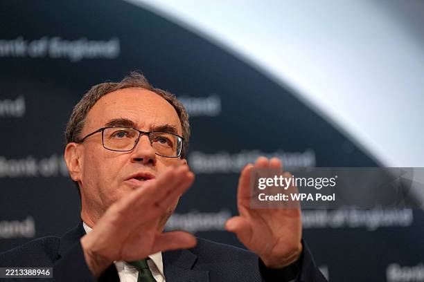 Bank of England Governor Andrew Bailey speaks during the Monetary Policy Report press conference at Bank Of England on May 8, 2025 in London,...