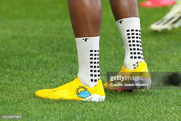 Detailed look at custom cleats worn by some Columbus Crew players in support for The Kids Mental Health Foundation before the match against the...