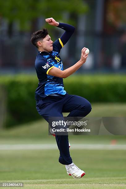 Issy Wong of Warwickshire bowls during the Metro Bank One Day Cup match between Surrey Women and Warwickshire Women at The County Ground Beckenham on...