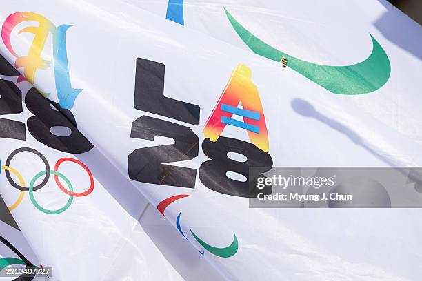 One of the variations of the 2028 Olympic logo was displayed on Thursday, May 8, 2025. The Los Angeles Memorial Coliseum and SoFi Stadium will share...