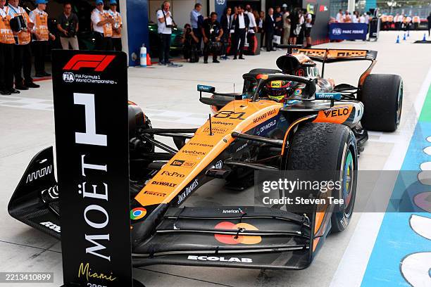 Race winner Oscar Piastri of Australia and McLaren arrives in parc ferme during the F1 Grand Prix of Miami at Miami International Autodrome on May...