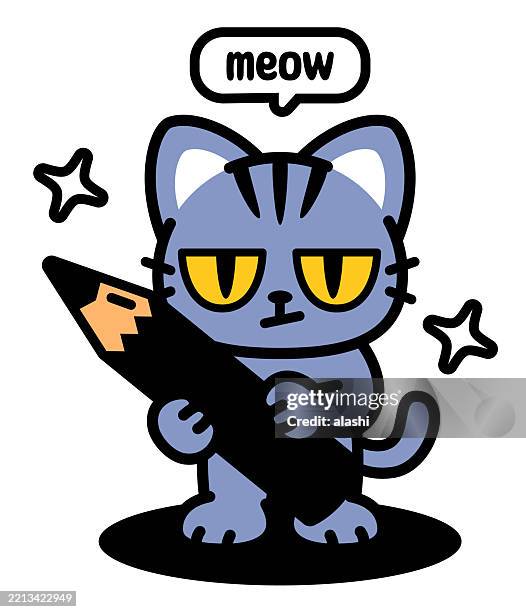 stockillustraties, clipart, cartoons en iconen met a cute cat with narrowed, downward-sloping eyes, holding a big pencil, looking at the viewer. front view, black outline with flat colors, minimalist style - minimal art