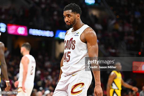 Donovan Mitchell of the Cleveland Cavaliers reacts during the fourth quarter of game one of the Eastern Conference Semifinals against the Indiana...