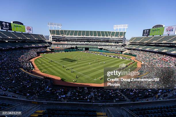 An overview of the Oakland Roots vs. Sacramento Republic USL Championship game in the second half at Oakland Coliseum on May 4, 2025 in Oakland,...