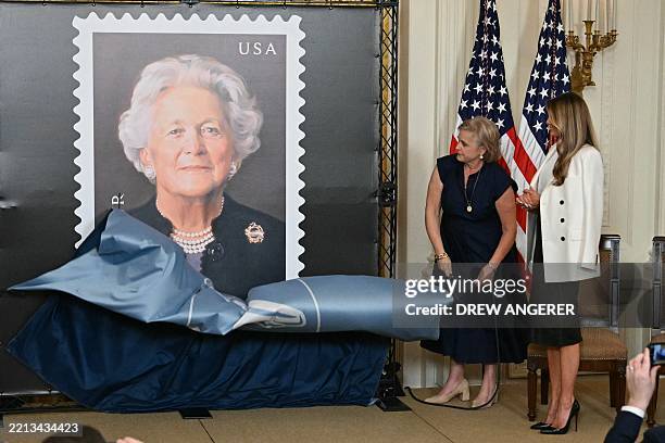 First Lady Melania Trump and Dorothy Bush Koch hosts the unveiling of a US Postal Service stamp of former First Lady Barbara Bush in the East Room of...