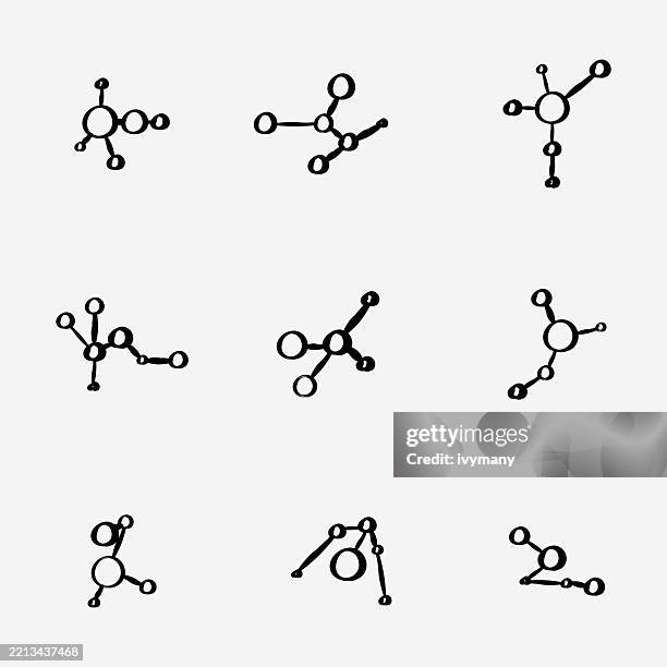 hand drawn style black circle line icon collection, technology connection concept pattern - atom structure stock illustrations