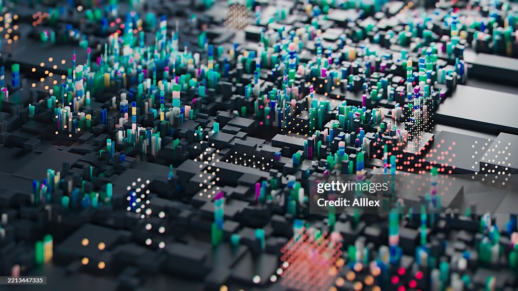 Abstract Representation of A Digital Cityscape with Vibrant Colors and Patterns