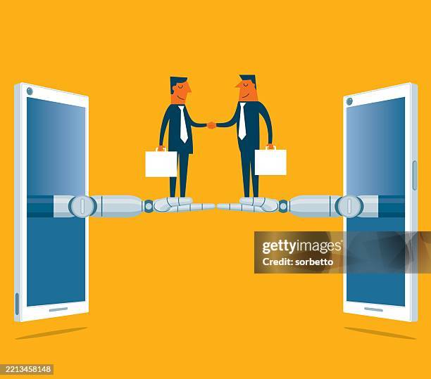 ai support - smartphone - shaking hands - digital transformation cloud stock illustrations