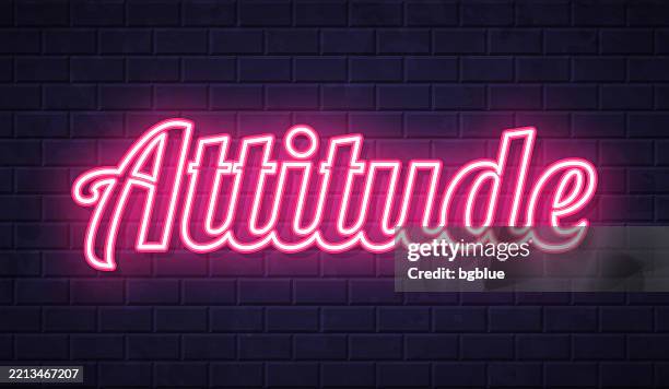attitude - glowing neon text on brick wall background - brick wall perspective stock illustrations
