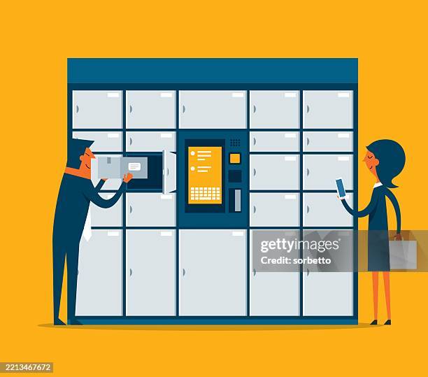 client using automated self service post terminal machine or locker - locker stock illustrations