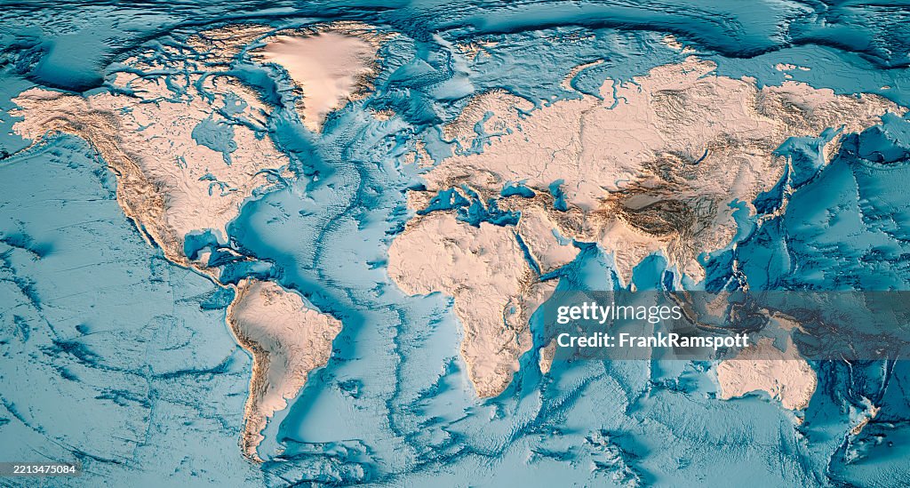 World Map Topographic Map Bathymetry 3D Render Neutral