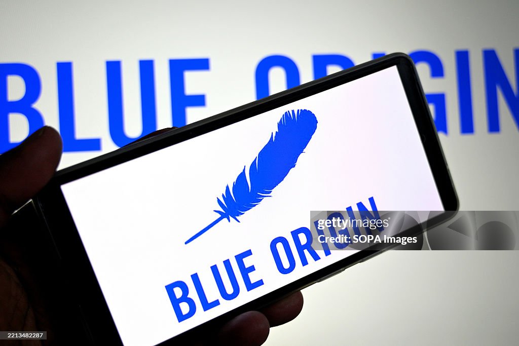 Blue Origin Sticker In this photo illustration, a Blue Origin logo is seen displayed on a ...