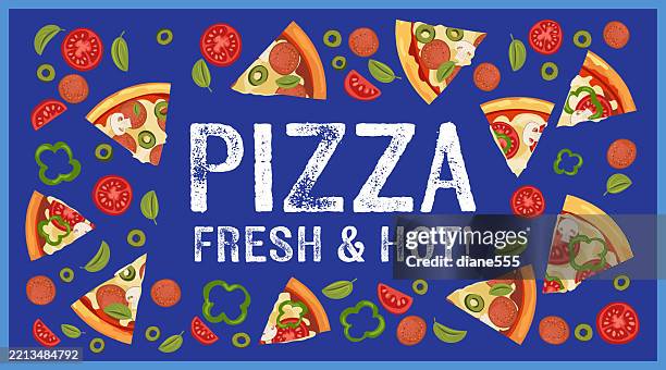 pizza flyer web banner template on blue - pizza poster stock illustrations