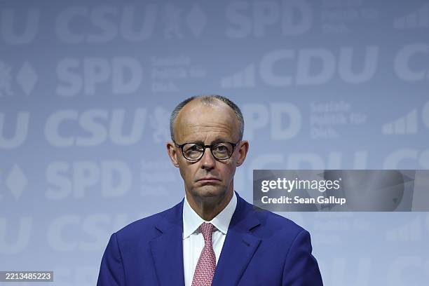 Friedrich Merz, leader of the Christian Democratic Union , attends the coalition contract signing between the CDU, the CDU'S Bavarian sister party,...
