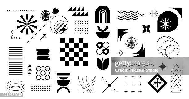 ilustrações de stock, clip art, desenhos animados e ícones de brutalist abstract geometric symbols in black and white - estilo moderno de meados do século