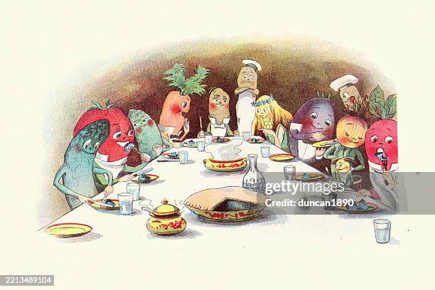 fairy tale, magical creature, vegetable people sitting round a dining table eating a meal, the vege-men's revenge, children's book illustration, florence k upton, 1890s - dining table stock illustrations