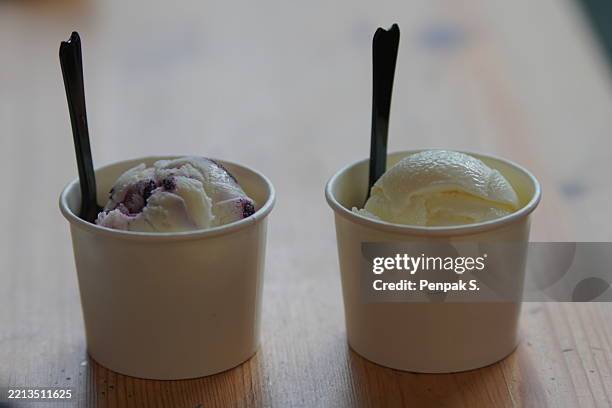 ice-cream in paper cup - gefrorener joghurt stock-fotos und bilder