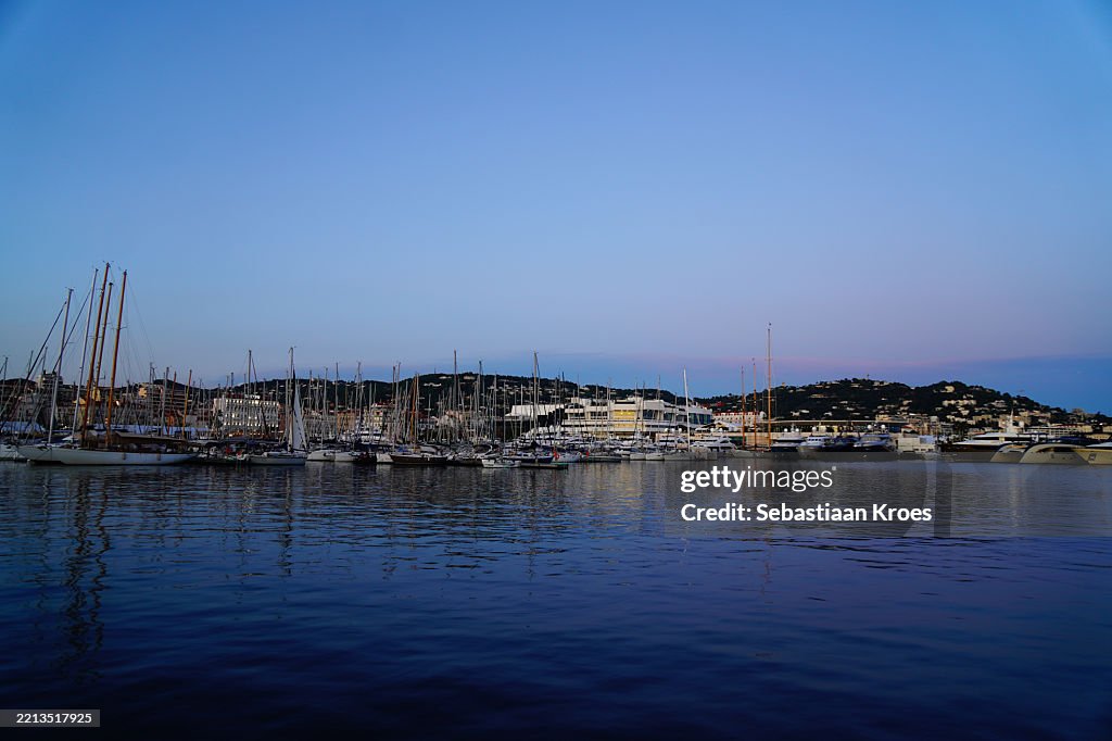Overview on the Vieux Port and Urban Skyline of Cannes, Dusk, France