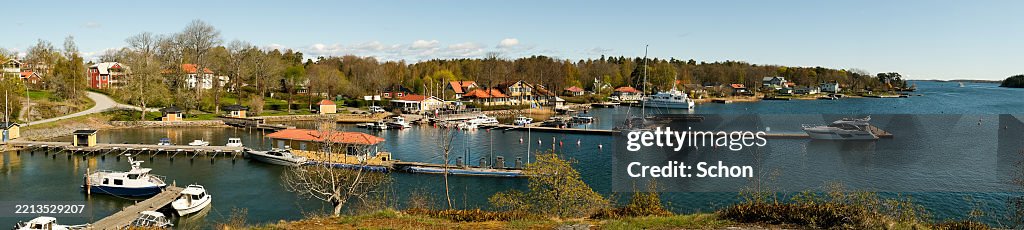 Panorama of the harbor in Furusund in Roslagen in spring