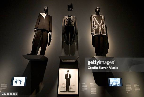 View of looks on display during the press conference for the 2025 Met Gala celebrating "Superfine: Tailoring Black Style" at Metropolitan Museum of...