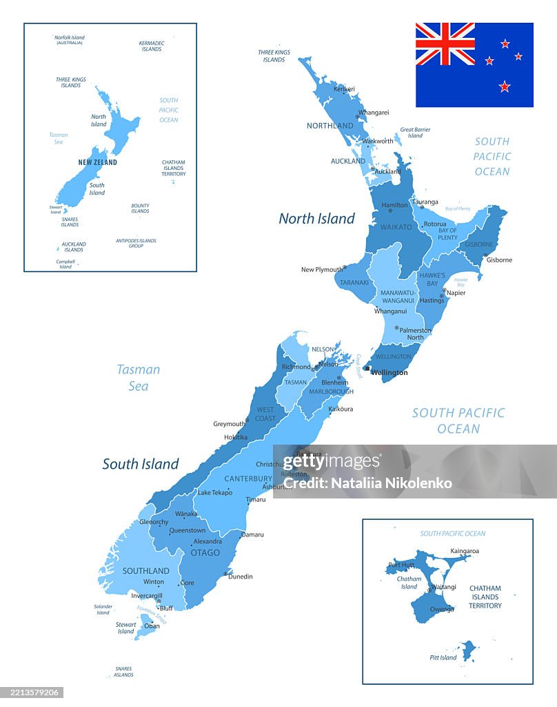New Zealand - Detailed map with regions, cities and country flag.