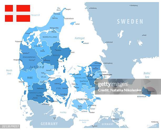 denmark sa - detailed map with regions, cities and country flag. - denmark map stock illustrations