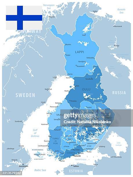 finland - detailed map with regions, cities and country flag. - finland map stock illustrations