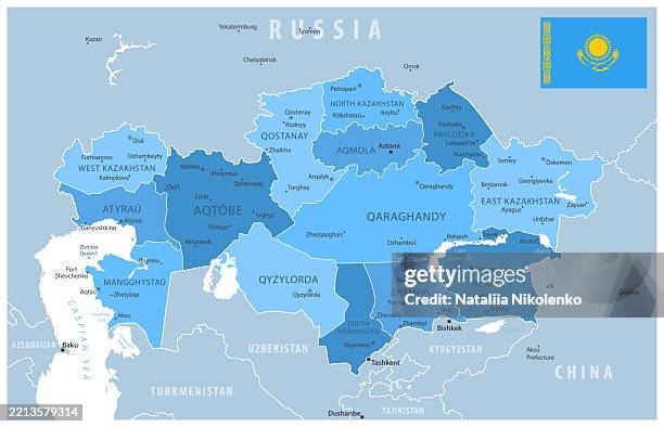 kazakhstan - detailed map with regions, cities and country flag. - kazakhstan stock illustrations