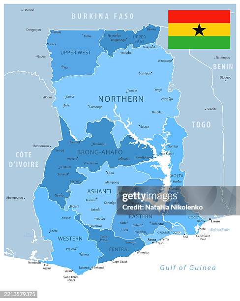ghana - detailed map with regions, cities and country flag. - ghana on world map stock illustrations