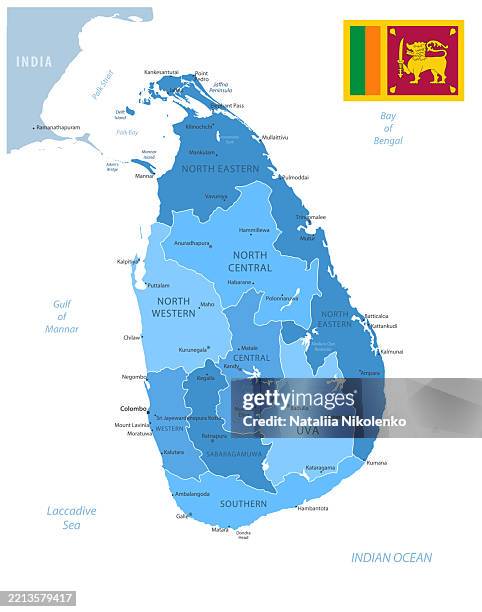 sri lanka - detaillierte karte mit regionen, städten und länderflagge. - sri lanka flagge stock-grafiken, -clipart, -cartoons und -symbole
