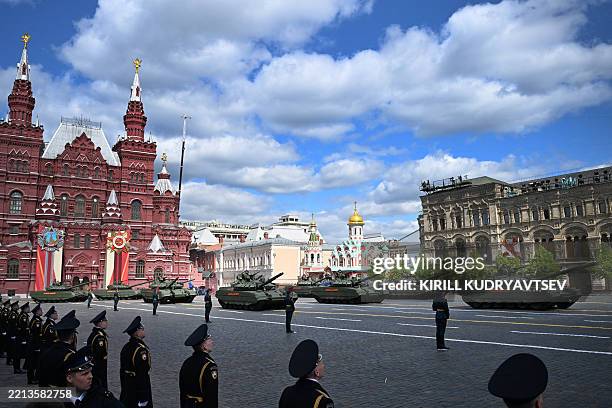 Column of Russian T-72B3M tanks drives across Red Square during the Victory Day military parade in central Moscow on May 9, 2025. Russia celebrates...