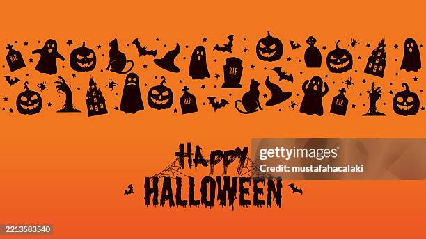 halloween background with icons - cat reaching up stock illustrations