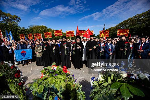 Orthodox Archbishop Tikhon of Ruza and other clergymen attend the commemorations for the 80th anniversary of the end of World War II at the Soviet...