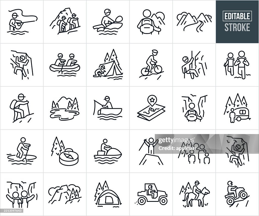 Outdoor Adventure Thin Line Icons - Editable Stroke - Icons Include People Participating in Outdoor Recreation, Leisure Activities, Lifestyles, Hiking, Fishing, Canyoneering, Backpacking, Mountains, Wilderness, Camping, Rafting, Mountain Climbing