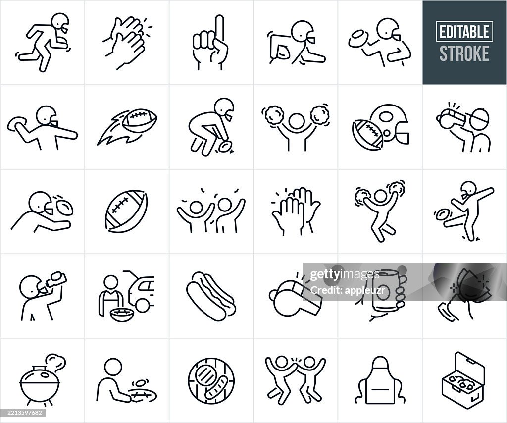 American Football Thin Line Icons - Editable Stroke - Icons Include A Quarterback Throwing A Football, Running Back Running With Football, Wide Receiver, Clapping, Fans, Cheerleader, Punter, Football Helmet, Tailgate Party, Tailgating, Competiton