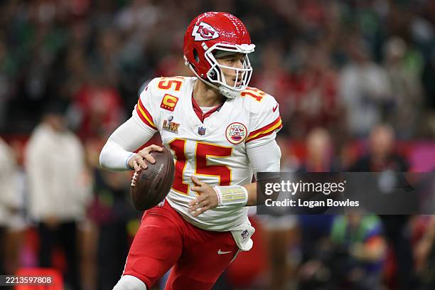 Patrick Mahomes of the Kansas City Chiefs throws a pass during Super Bowl LIX against the Philadelphia Eagles at Caesars Superdome on February 09 in...
