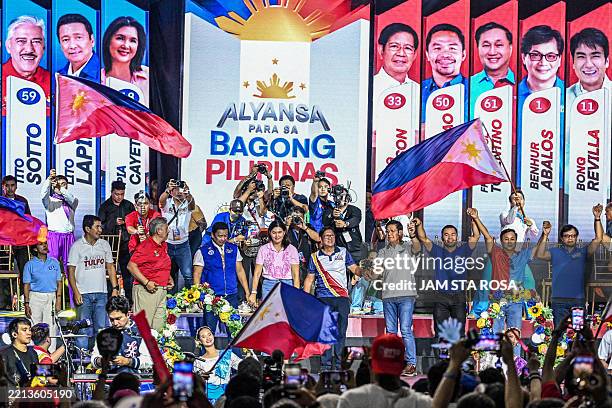Philippines' President Ferdinand Marcos Jr attends a campaign rally of senatorial candidates under his party in Mandaluyong, Metro Manila, on May 9...